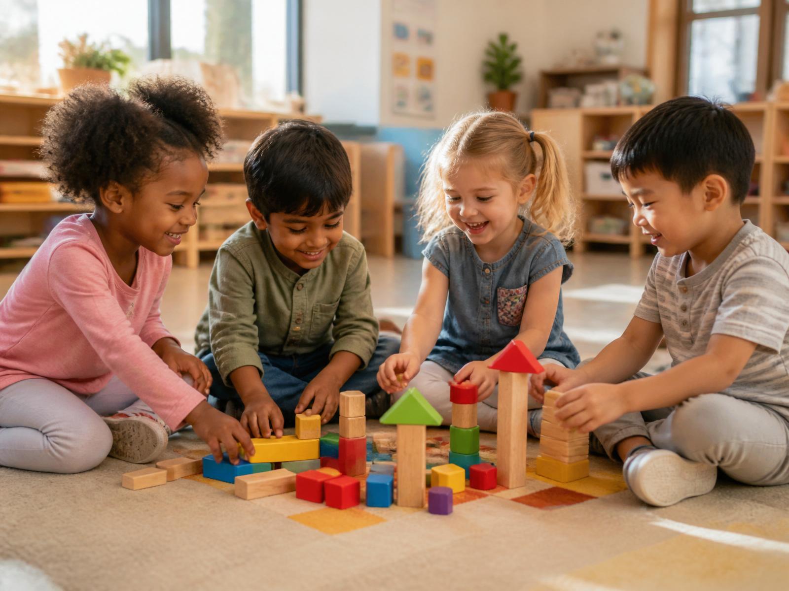 Happy toddlers laughing and playing with colorful blocks at Little Darlings Daycare